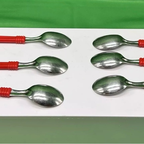INOX 18/10 Lot Of 6 Expresso Spoons Demitasse Dessert Red Plastic Handle 5” - Picture 3 of 6